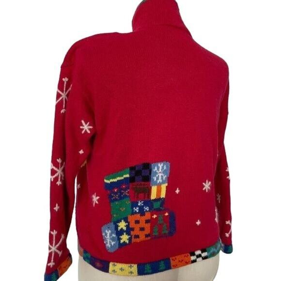Design Options Phillip Jane Gordon Cardigan Holiday Snowman Patchwork Medium VTG - Picture 7 of 16